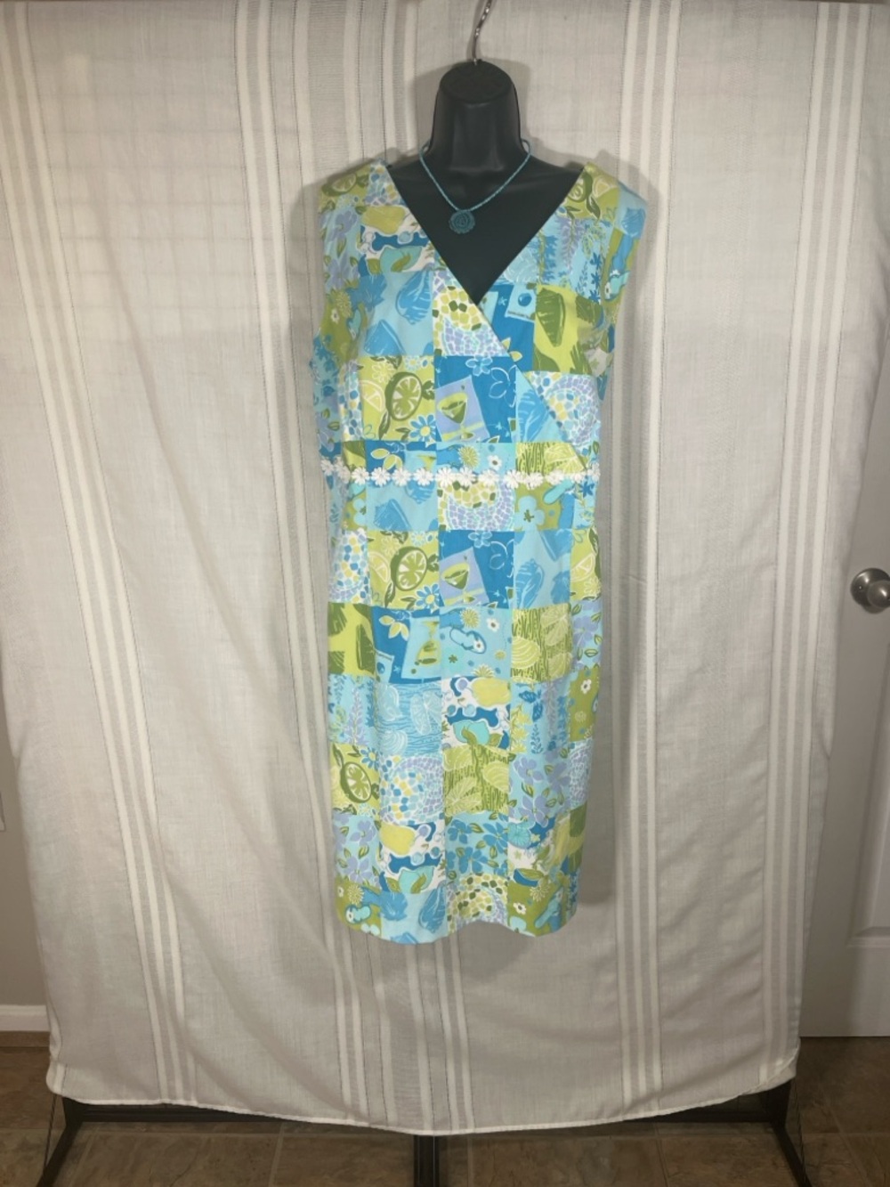 Sleeveless Patchwork Midi Dress in Blue and Green
